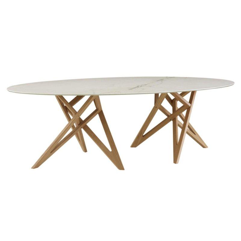 Oval Porselen Masa Masif Ahşap Ayaklı Mermer Görünümlü 240x130x75 cm - 90022