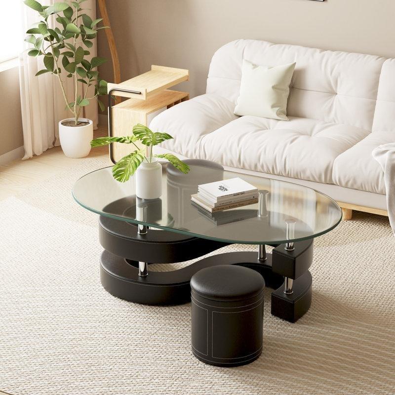 Oval Şeffaf Cam Orta Sehpa Metal ve Endüstriyel Ahşap Ayaklı 128x70x45 cm - 104797