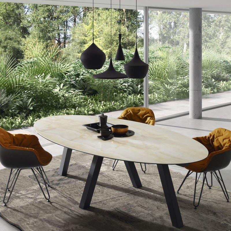 Oval Seramik Masa 250x125 cm Gri Taş Desenli - 89290