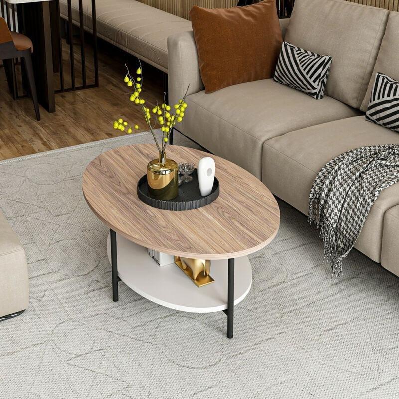 Ovale Endüstriyel Ahşap Orta Sehpa 90x60 cm Beyaz Raflı - 103422