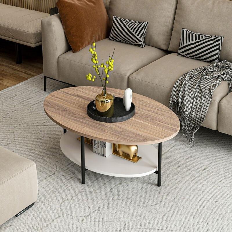 Ovale Endüstriyel Ahşap Orta Sehpa 90x60 cm Beyaz Raflı - 103422