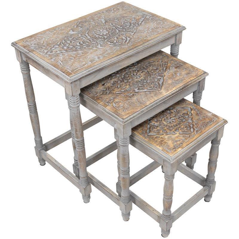 Oymalı Antrasit Gri Ahşap Zigon Sehpa Üçlü Set 61x56x36 cm - 108445