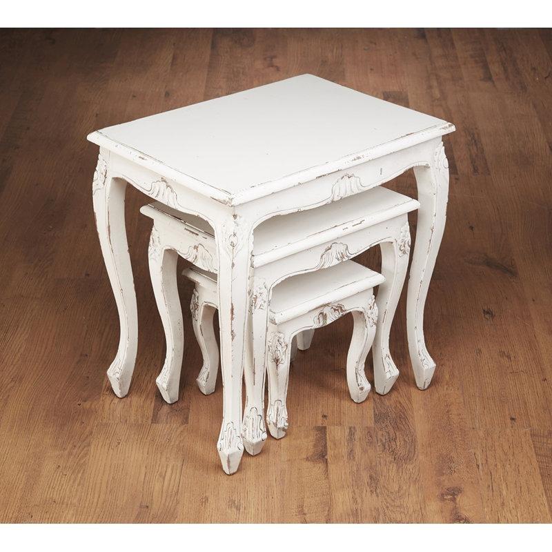 Oymalı Beyaz Zigon Sehpa 61x44x61 cm Masif Maun Ahşap Üçlü Set - 108451