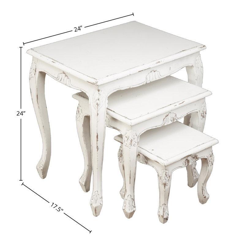 Oymalı Beyaz Zigon Sehpa 61x44x61 cm Masif Maun Ahşap Üçlü Set - 108451