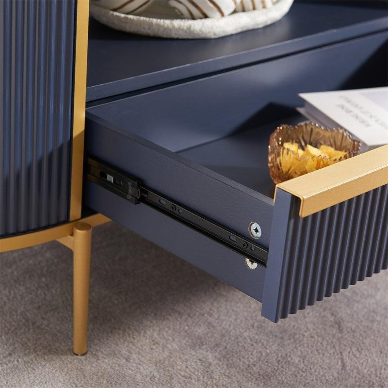 Oymalı Tasarım Lacivert Orta Sehpa 122 cm Mermer Görünümlü Üst ve Gold Metal Ayaklar - 104404