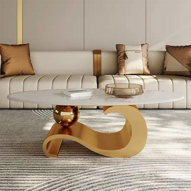 Parlak Beyaz Mermer Üstü Müzik Notası Tabanlı Oval Orta Sehpa 130 cm - 104530