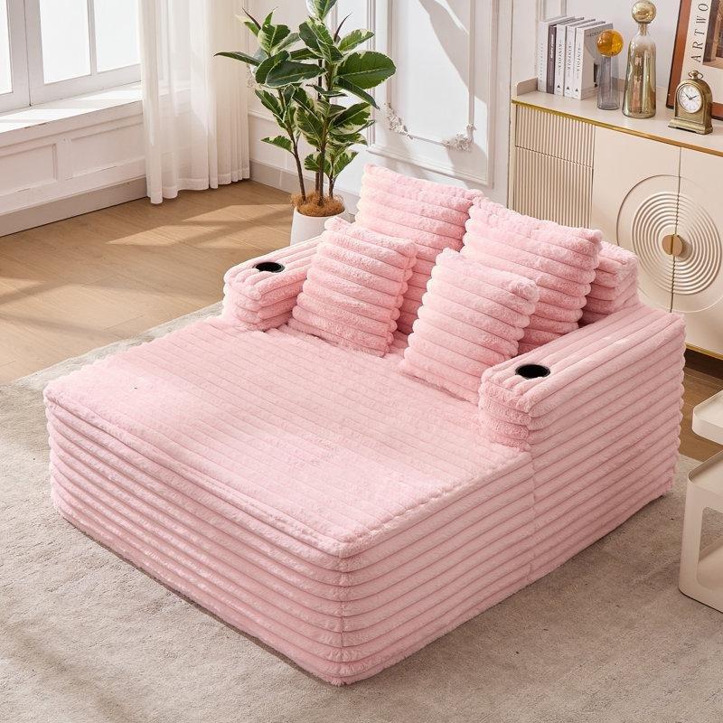 Pembe Fitilli Kadife Kumaşlı Puf Dinlenme Koltuğu, 2 Kişilik Yatak Olabilen, Kolçaklı ve Bardaklıklı-146 x 134 x 87 cm - 109430