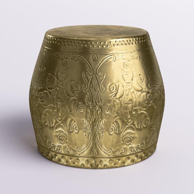 Pirinç Demir Kabartma Detaylı Yuvarlak Pirinç Yan Sehpa-46x51x51 cm - 113121