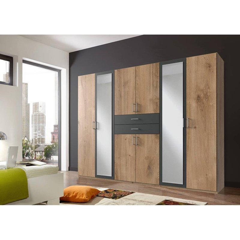 Plankeneiche-Dekor ve Grafit Endüstriyel Ahşap Aynalı Gardrop 270x208x58 cm - 90886