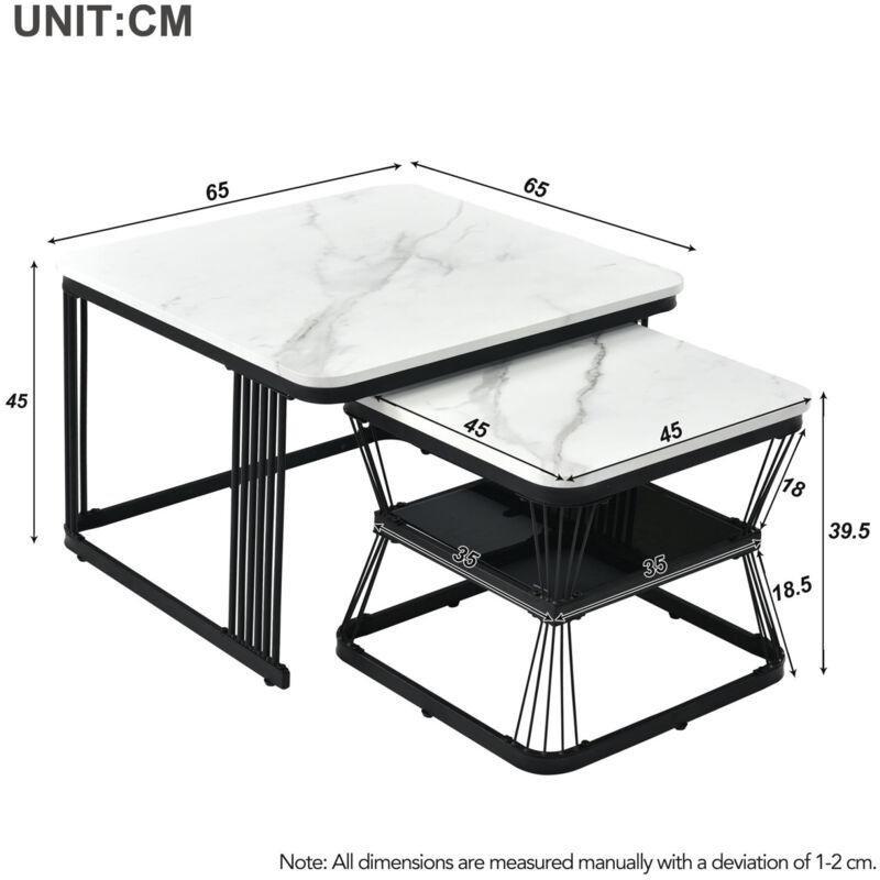 PVC Mermer Görünümlü İkili Kare Orta Sehpa 65x65x45 cm Siyah Çerçeveli - 103197