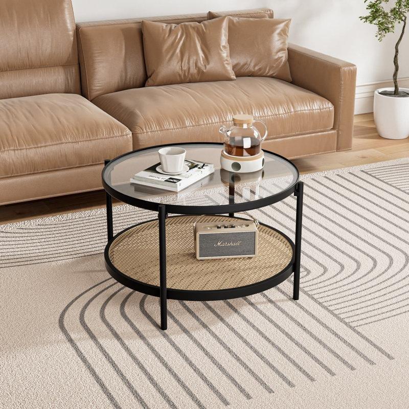 Rattan Detaylı Cam Üstlü Siyah Metal Orta Sehpa 70x70x40 cm - 105394