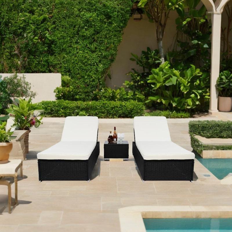 Rattan Dinlenme Koltuğu Seti (2 Adet) ve Masa, Ayarlanabilir Sırt, Minderli-34 x 71 x 195 cm - 109508