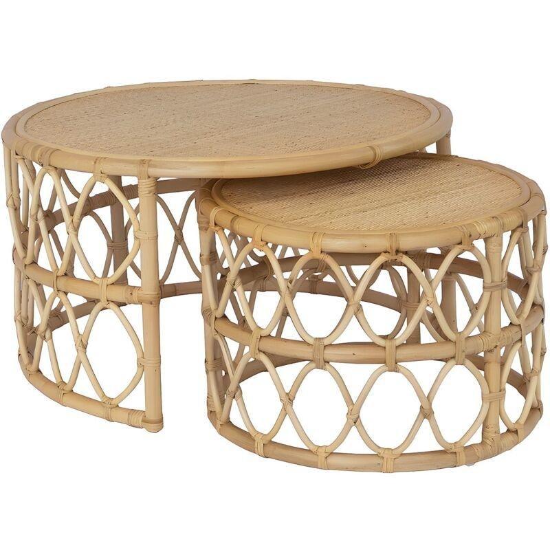 Rattan İkili Yuvarlak Zigon Sehpa Doğal Kahverengi 80 cm - 107700