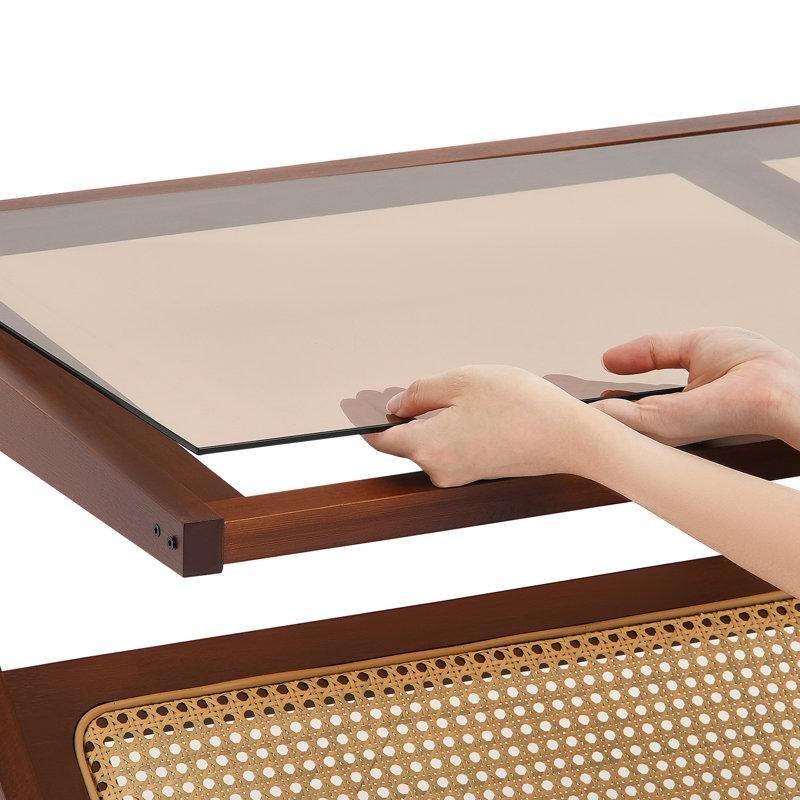 Rattan Orta Sehpa 120x56 cm Bambu Camlı Kahverengi Z Şekilli - 105439