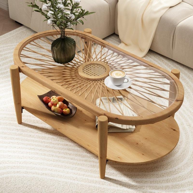 Rattan Orta Sehpa Oval Camlı Doğal Ahşap 110x55x40 cm - 105397