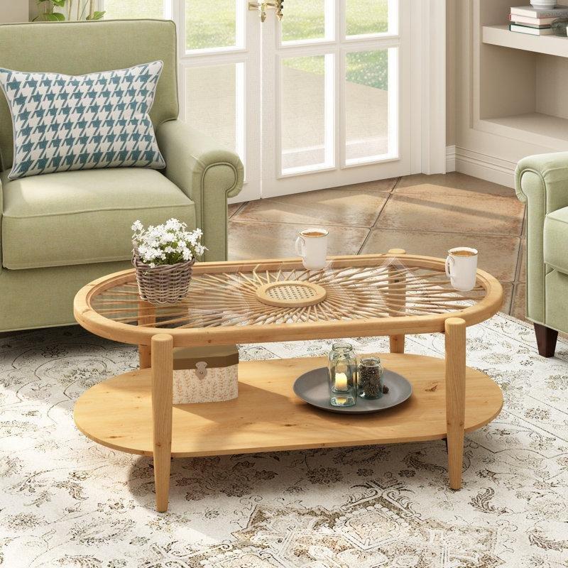 Rattan Orta Sehpa Oval Camlı Doğal Ahşap 110x55x40 cm - 105397