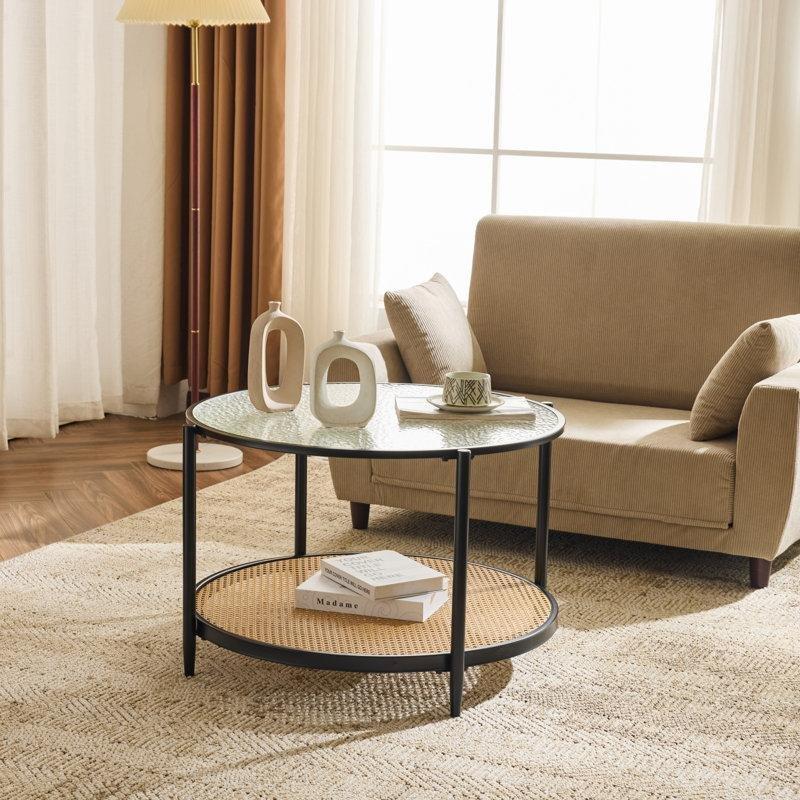 Rattan Orta Sehpa Siyah Metal Ayaklı Şeffaf Camlı Yuvarlak 48 cm 65 cm - 105436