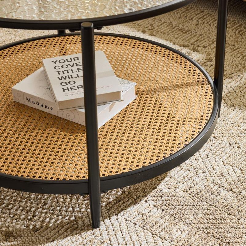 Rattan Orta Sehpa Siyah Metal Ayaklı Şeffaf Camlı Yuvarlak 48 cm 65 cm - 105436