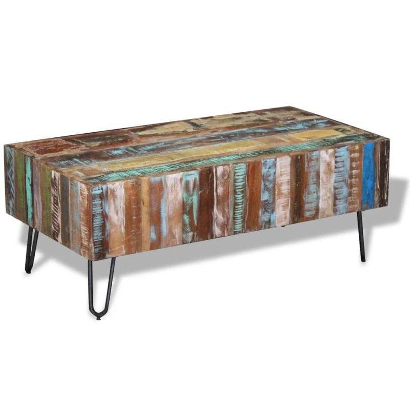 Renkli Geri Dönüştürülmüş Ahşap Orta Sehpa 100x50x38 cm Siyah Metal Ayaklı - 105460