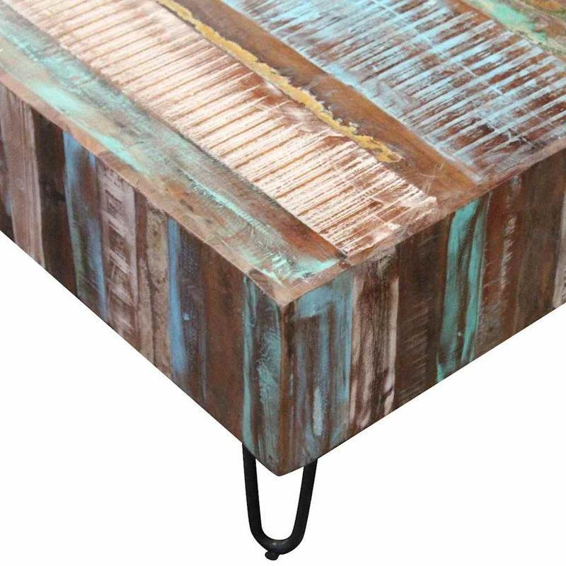 Renkli Geri Dönüştürülmüş Ahşap Orta Sehpa 100x50x38 cm Siyah Metal Ayaklı - 105460