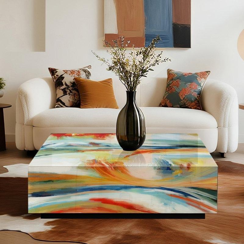 Renkli Orta Sehpa 90x90 cm Soyut Desenli Cam Üstü Kare Modern - 105490