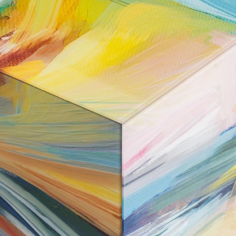 Renkli Orta Sehpa 90x90 cm Soyut Desenli Cam Üstü Kare Modern - 105490