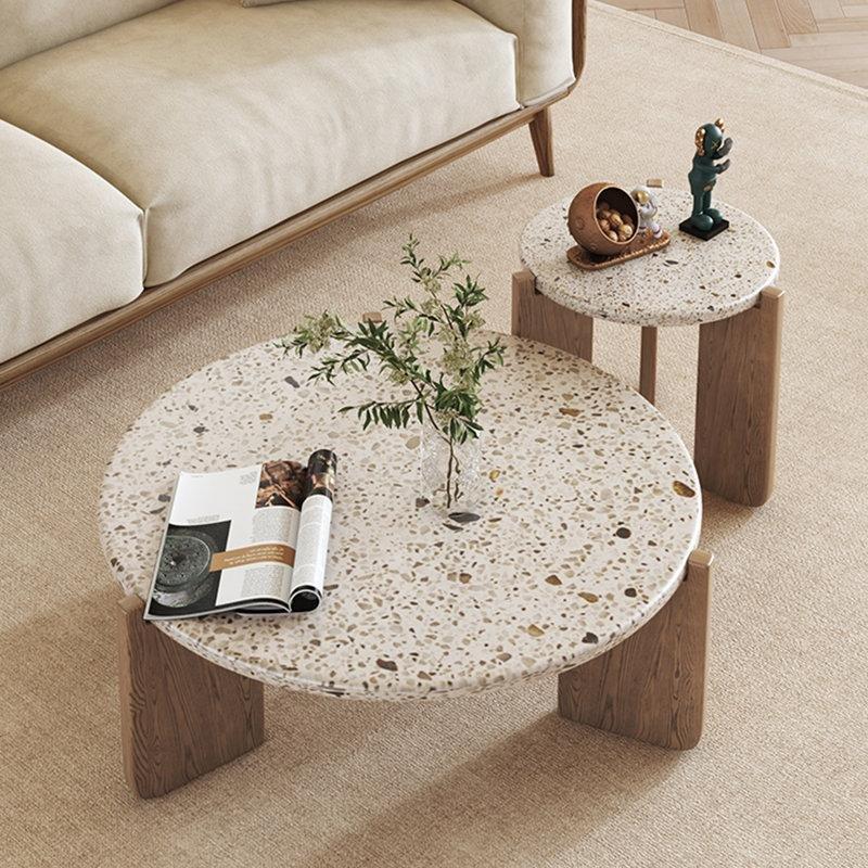 Renkli Terrazzo Orta Sehpa 93x93 cm Kahverengi Dişbudak Ayaklı - 105607