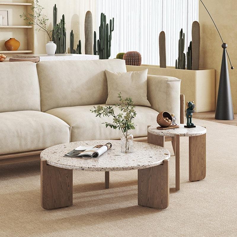 Renkli Terrazzo Orta Sehpa 93x93 cm Kahverengi Dişbudak Ayaklı - 105607