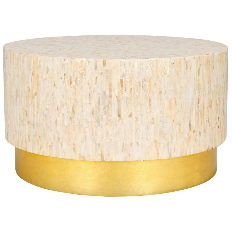 Renkli Yuvarlak Orta Sehpa 76x76 cm Bej Doğal Ahşap Gold Ayaklı - 105472