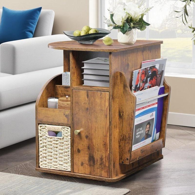 Rustik Kahverengi Kauçuk Ağacı Döner Gazetelik Yan Sehpa-60x45x60 cm - 112932