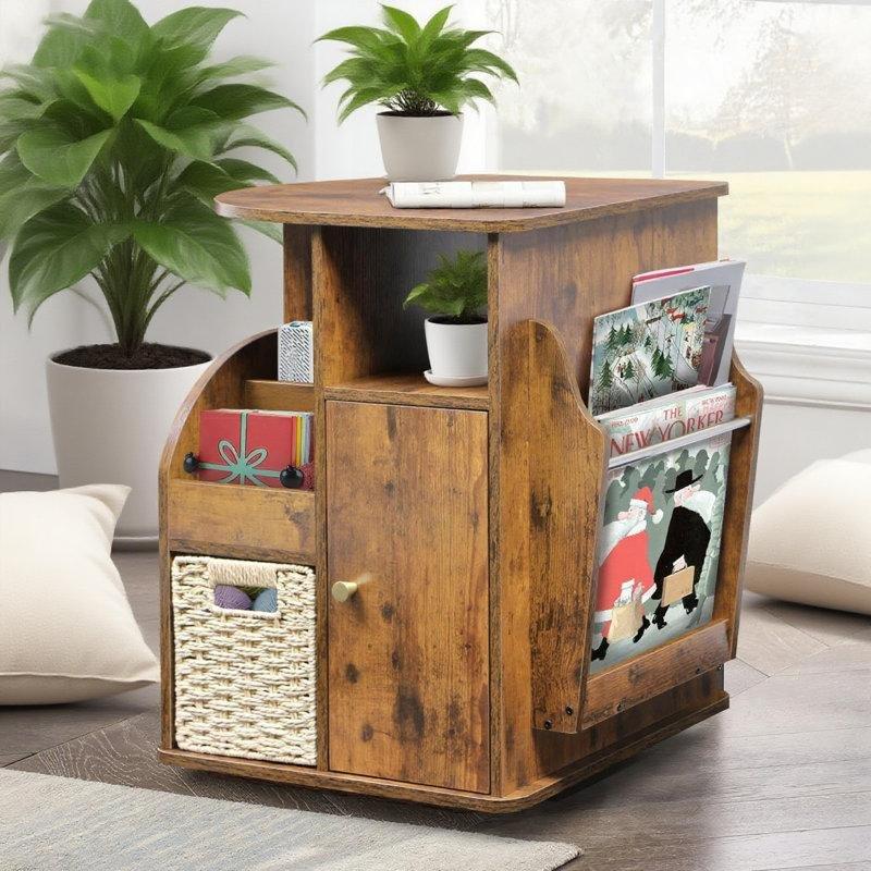 Rustik Kahverengi Kauçuk Ağacı Döner Gazetelik Yan Sehpa-60x45x60 cm - 112932