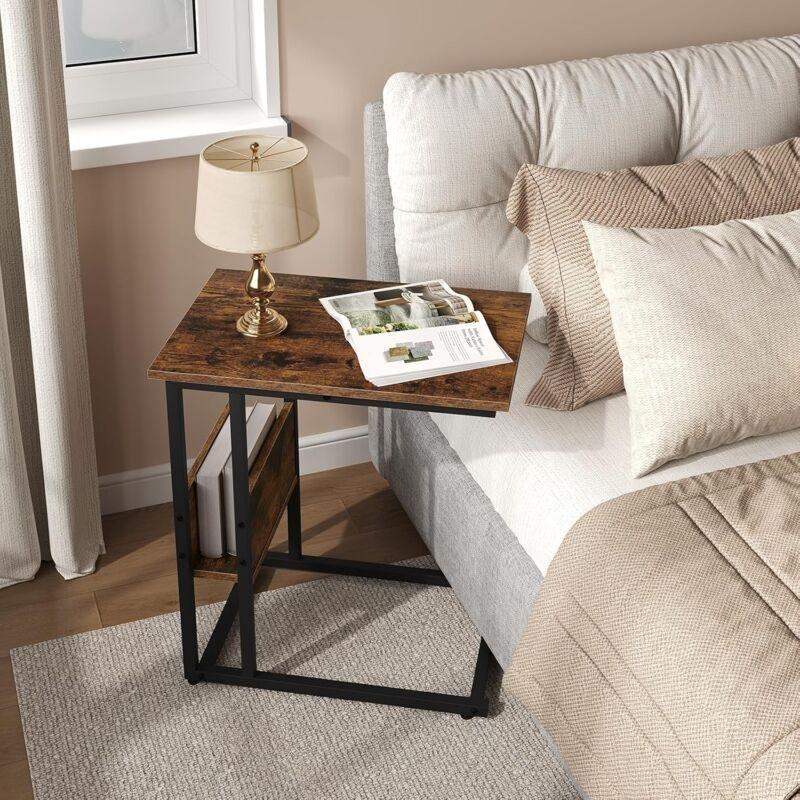 Rustik Kahverengi Metal ve Mühendislik Ahşabı Yan Saklama Cepli Bohem Yan Sehpa-55x36x60 cm - 111084