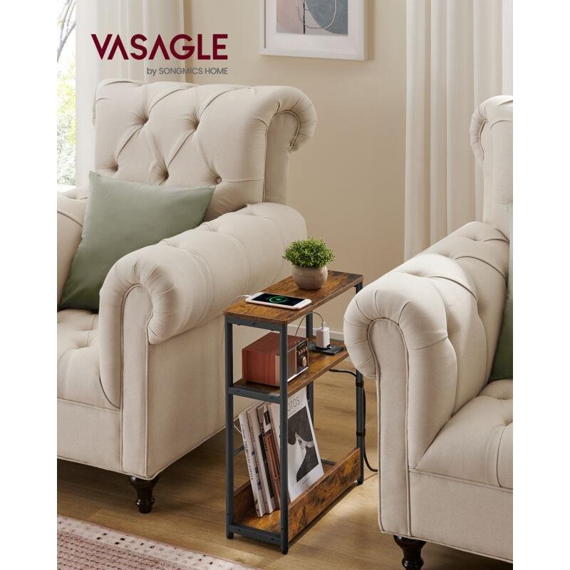 Rustik Kahverengi Siyah Çelik Yonga Levha Çoklu Prizli Raflı Yan Sehpa-18x45x58 cm - 112374