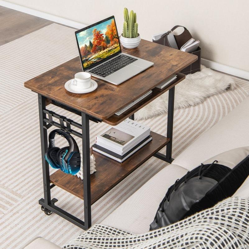 Rustik Kahverengi Siyah Mühendislik Ahşap Metal Tekerlekli Raflı Laptop Sehpası-80x50x79 cm - 113283
