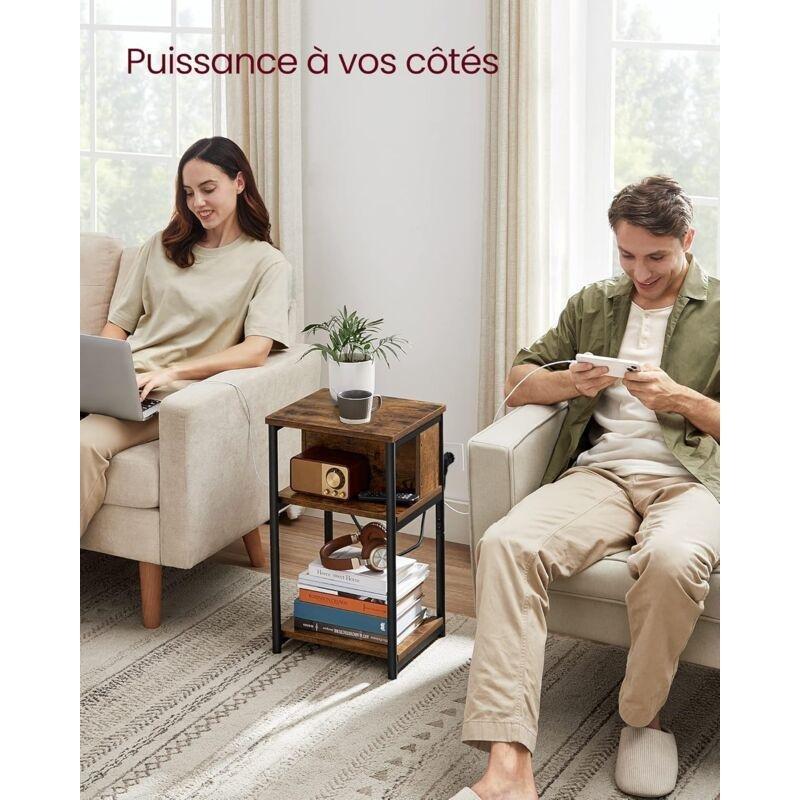 Rustik Kahverengi Siyah Yonga Levha Çelik Çoklu Prizli USB Portlu Bohem Yan Sehpa-30x34x58 cm - 110946