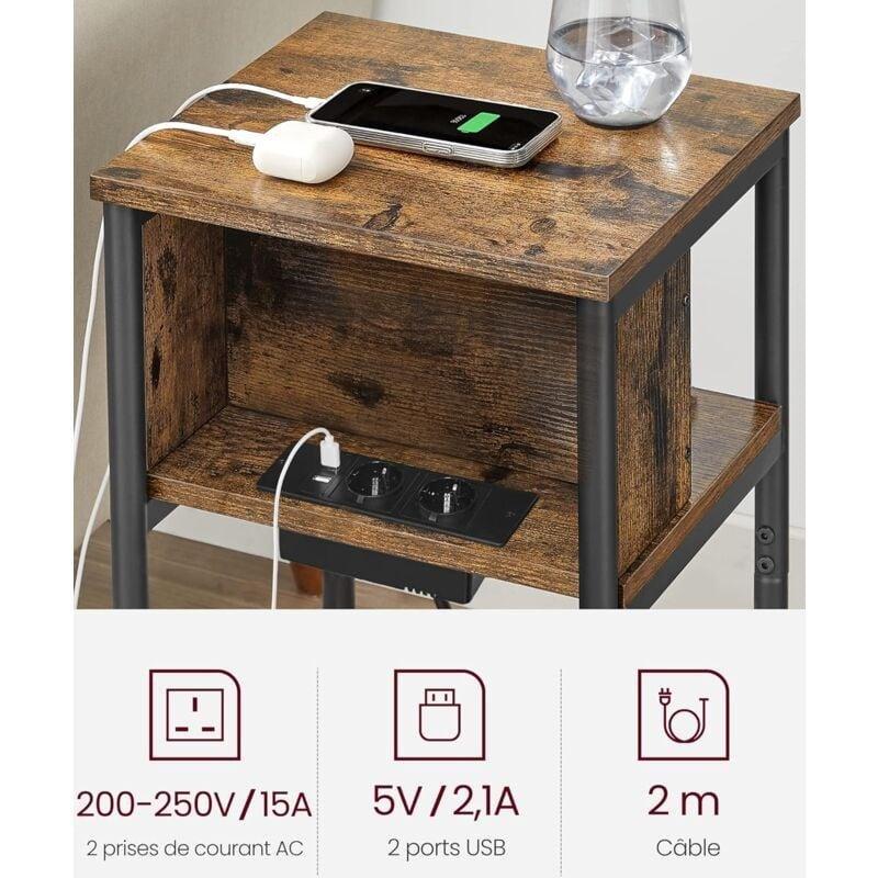 Rustik Kahverengi Siyah Yonga Levha Çelik Çoklu Prizli USB Portlu Bohem Yan Sehpa-30x34x58 cm - 110946