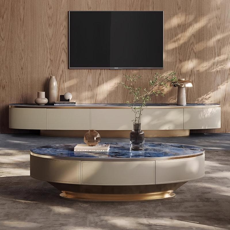 Safir Mavi Mermerli Gold Ayaklı Oval Orta Sehpa 130x70x40 cm - 105496