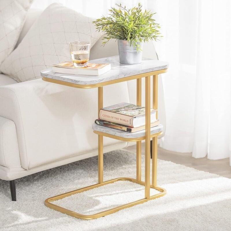 Sarı Metal ve MDF Mermer Desenli 2 Raflı Gold Yan Sehpa-50x30x58 cm - 111759