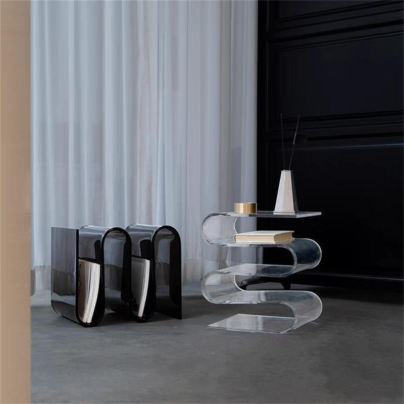 Şeffaf Akrilik S Şekilli Raflı gazetelik yan sehpa-42x29x35 cm - 112974