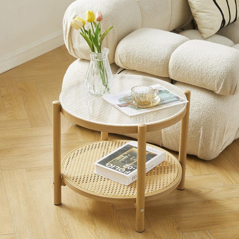 Şeffaf Cam Raflı Hasır Yan Sehpa-45x56 cm - 113055