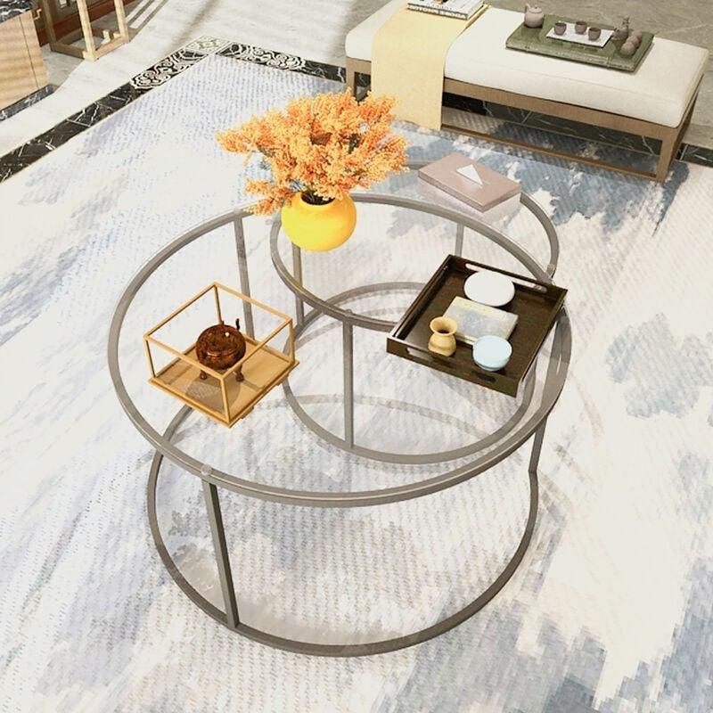 Şeffaf Cam Zigon Sehpa 60 cm Yuvarlak Metal Ayaklı İkili Set - 107877