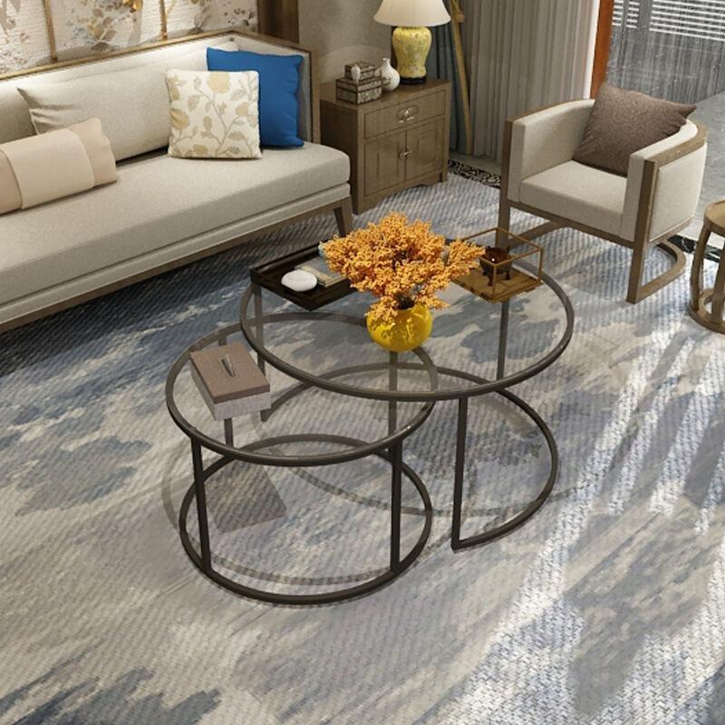 Şeffaf Cam Zigon Sehpa 60 cm Yuvarlak Metal Ayaklı İkili Set - 107877