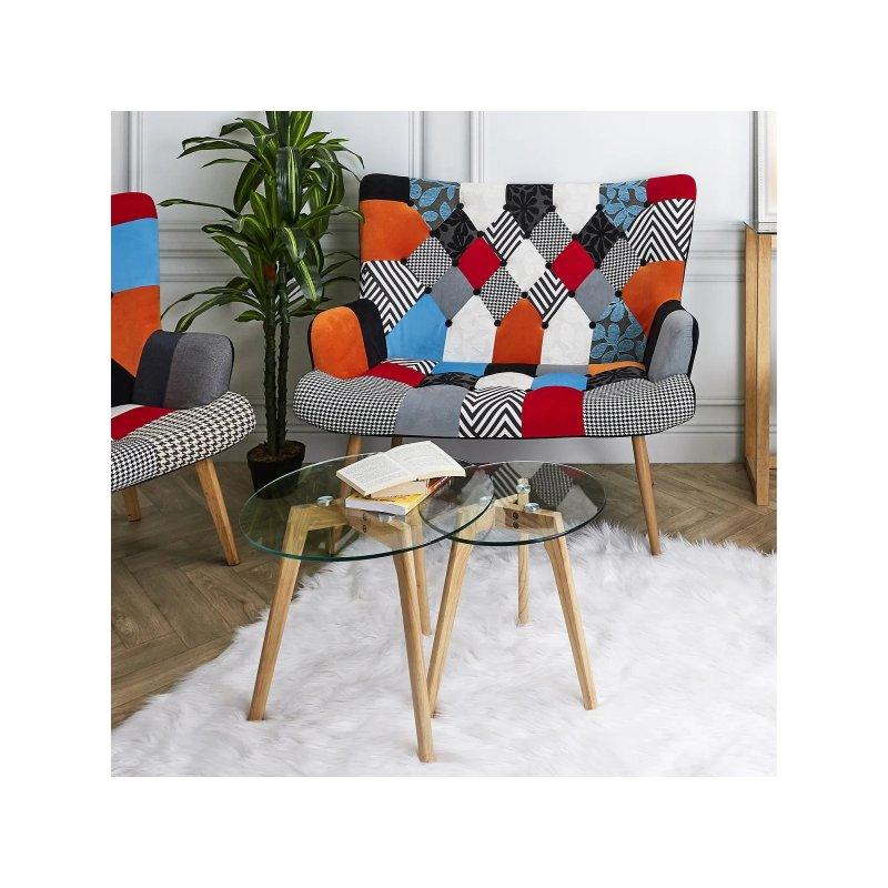 Şeffaf Cam Zigon Sehpa İkili Set 50x43 cm Kahverengi Ahşap Ayaklı - 106597