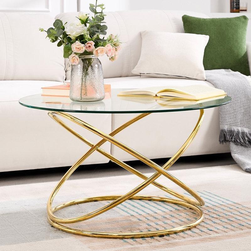 Şeffaf Camlı Gold Metal Ayaklı Yuvarlak Orta Sehpa 80 cm - 105535
