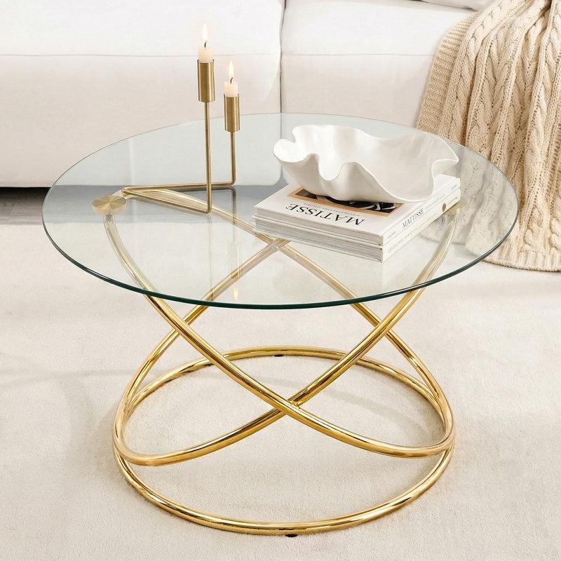 Şeffaf Camlı Gold Metal Ayaklı Yuvarlak Orta Sehpa 80 cm - 105535