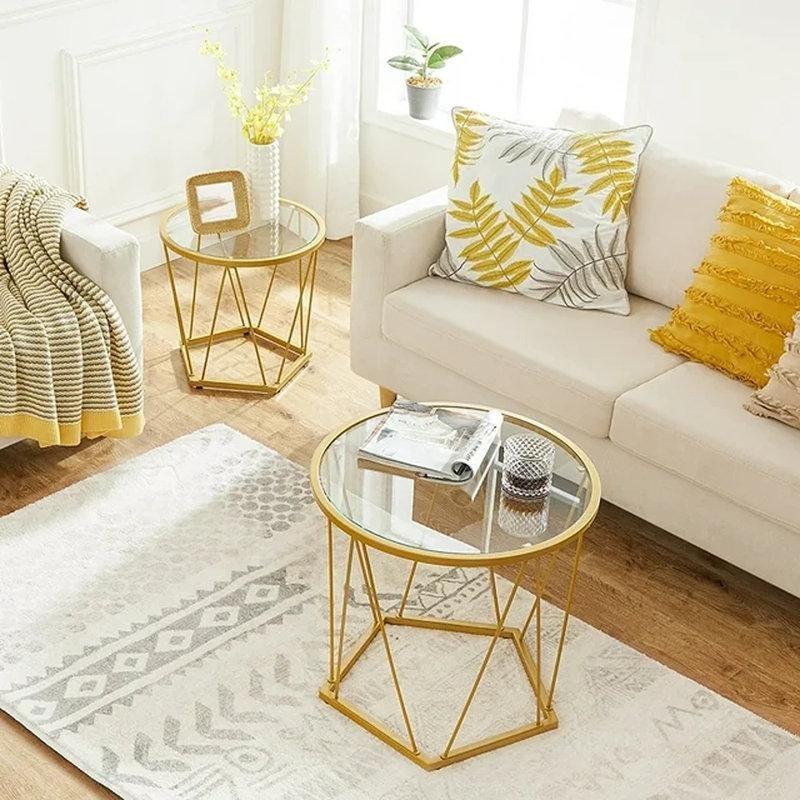 Şeffaf Camlı Gold Metal Zigon Sehpa 50x50 cm - 108523