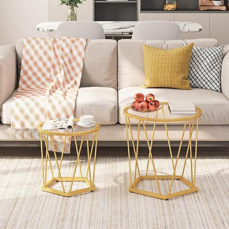 Şeffaf Camlı Gold Metal Zigon Sehpa 50x50 cm - 108523