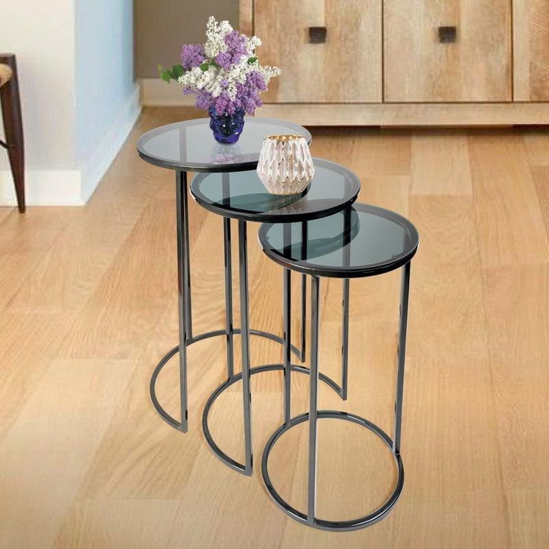 Şeffaf Camlı Silver Metal Ayaklı Üçlü Zigon Sehpa 61x38x38 cm - 108907