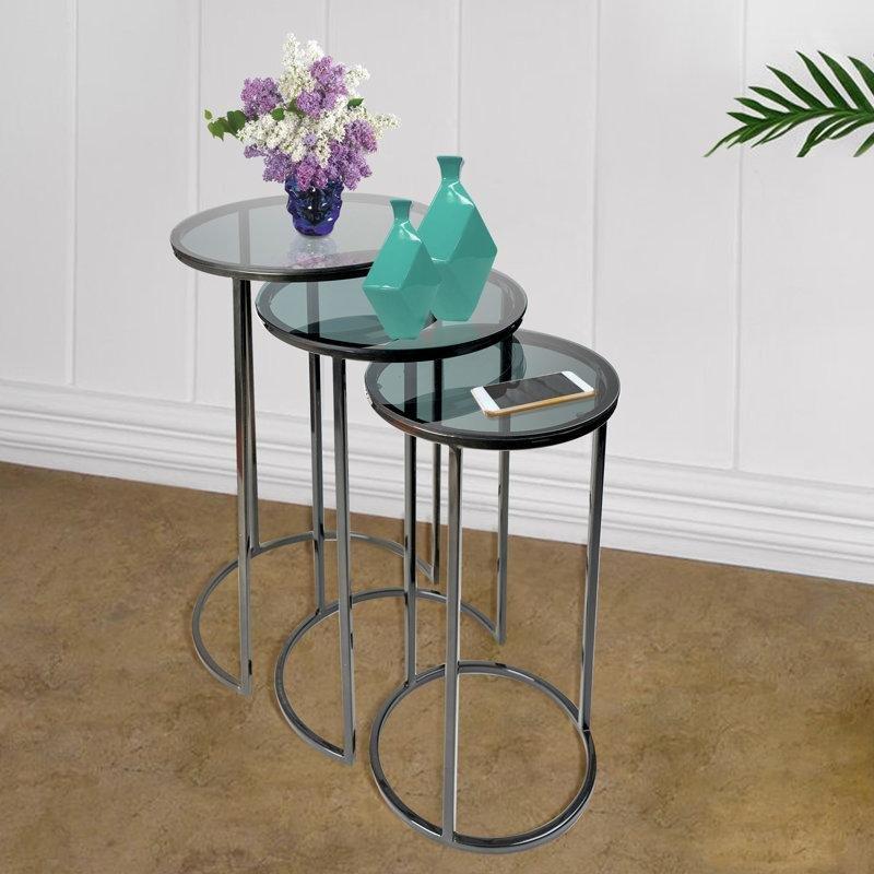 Şeffaf Camlı Silver Metal Ayaklı Üçlü Zigon Sehpa 61x38x38 cm - 108907