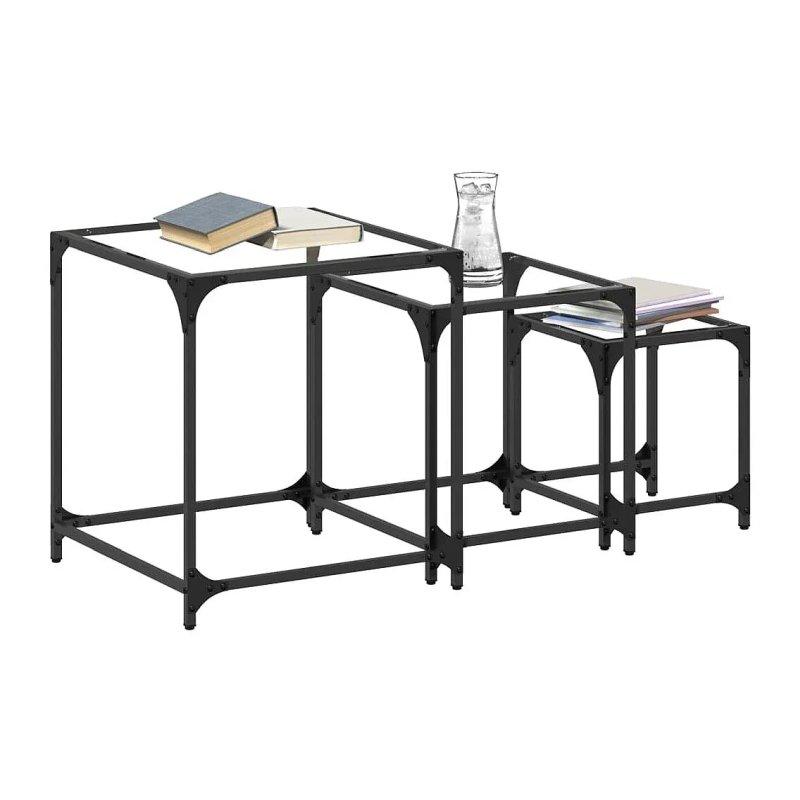 Şeffaf Camlı Üçlü Zigon Sehpa Seti Siyah Metal Ayaklı 30x30 cm, 40x40 cm, 50x50 cm - 106177
